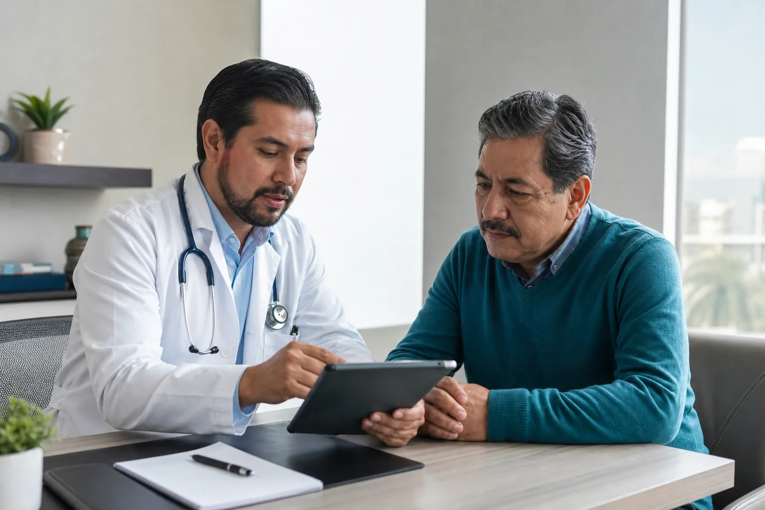 Médico y paciente revisando información en una consulta